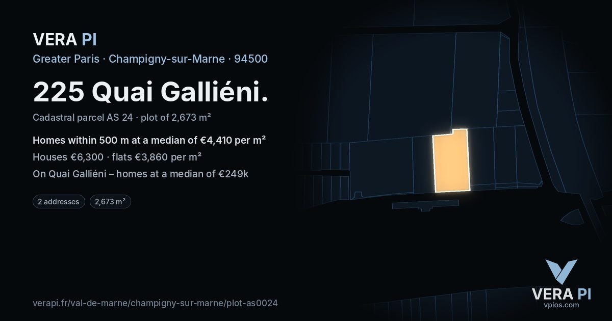 225 Quai Galliéni, Champigny-sur-Marne at night – the plot lit, the parcels around coloured by the prices near them