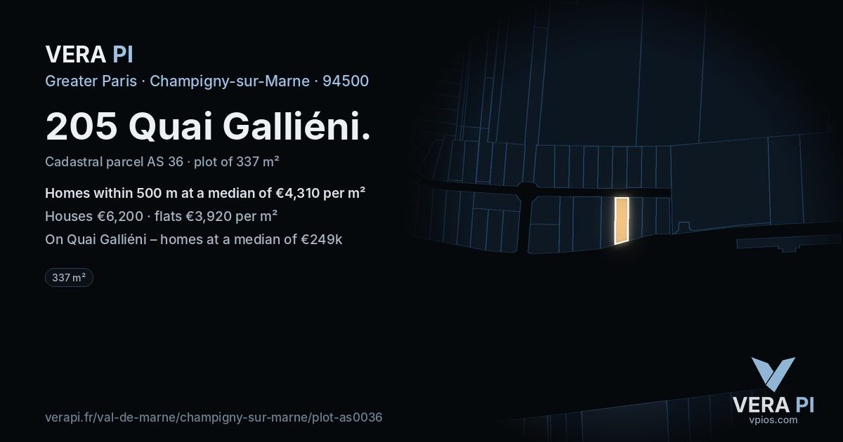 205 Quai Galliéni, Champigny-sur-Marne at night – the plot lit, the parcels around coloured by the prices near them