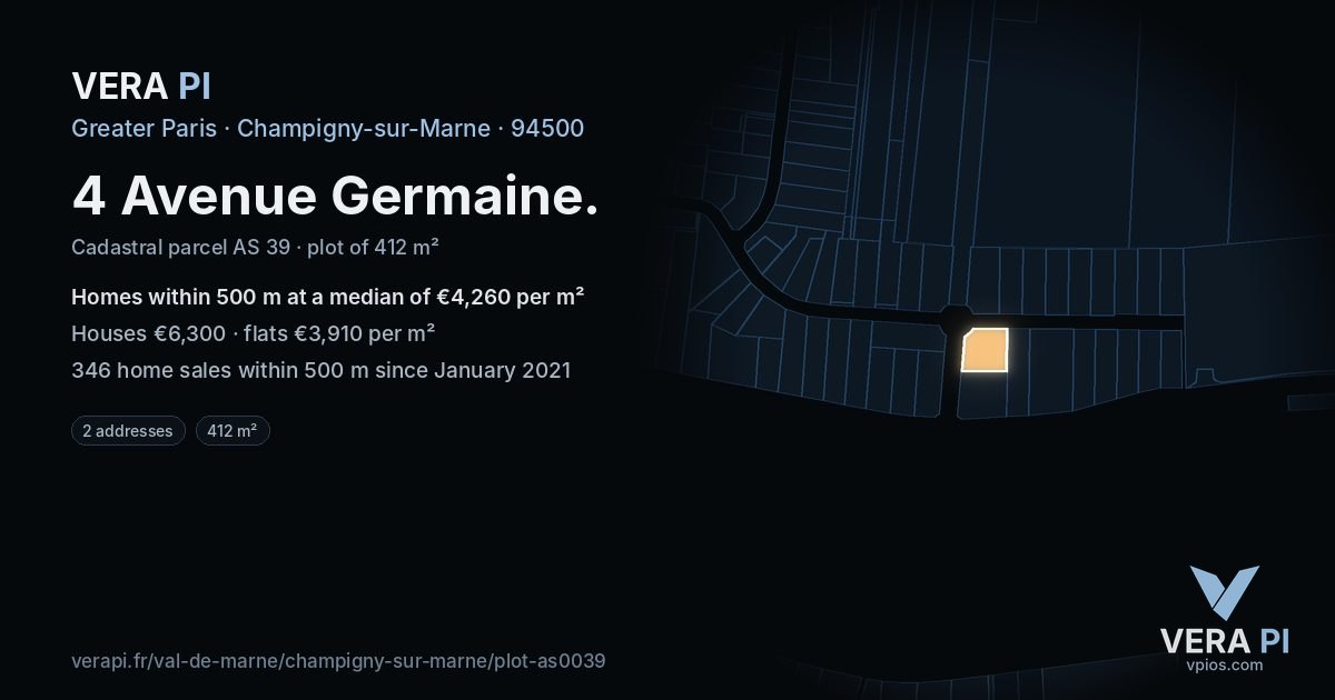 4 Avenue Germaine, Champigny-sur-Marne at night – the plot lit, the parcels around coloured by the prices near them