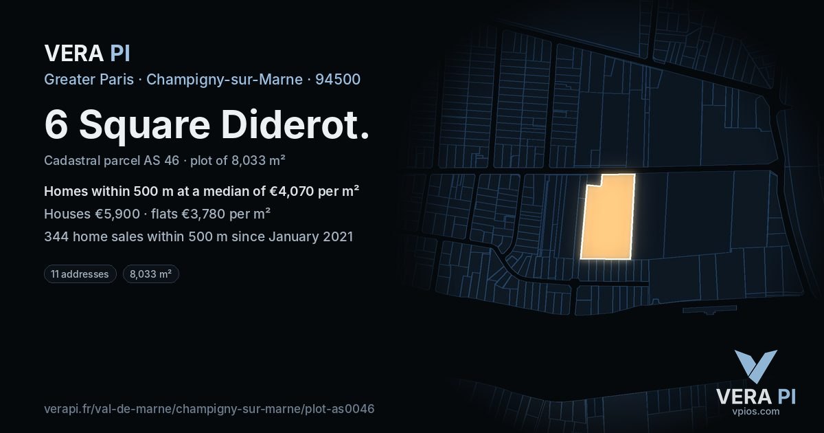 6 Square Diderot, Champigny-sur-Marne at night – the plot lit, the parcels around coloured by the prices near them