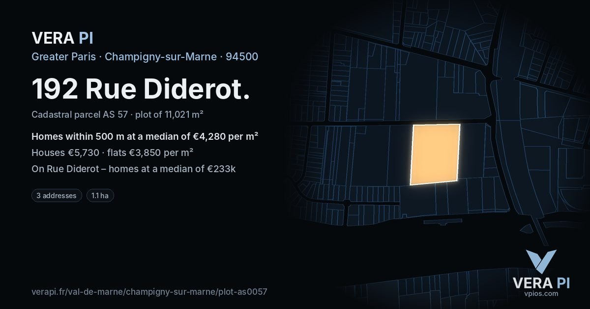 192 Rue Diderot, Champigny-sur-Marne at night – the plot lit, the parcels around coloured by the prices near them