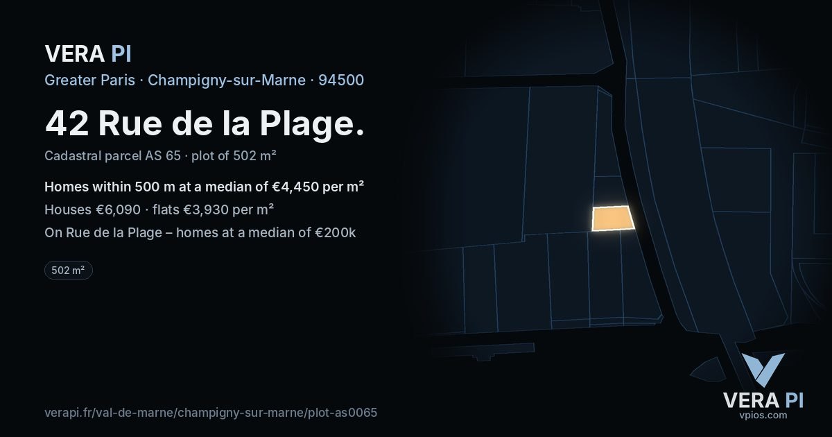 42 Rue de la Plage, Champigny-sur-Marne at night – the plot lit, the parcels around coloured by the prices near them