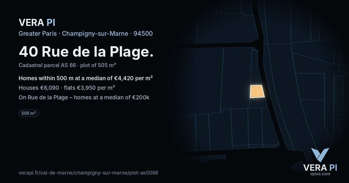 40 Rue de la Plage, Champigny-sur-Marne at night – the plot lit, the parcels around coloured by the prices near them