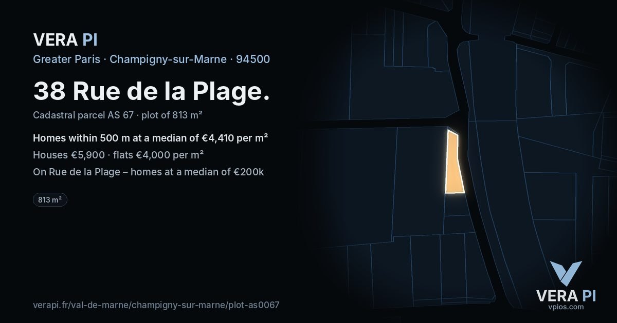 38 Rue de la Plage, Champigny-sur-Marne at night – the plot lit, the parcels around coloured by the prices near them