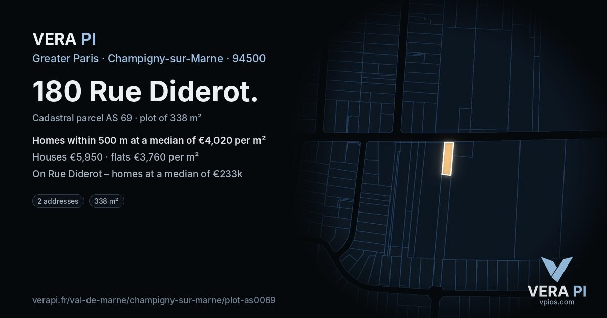 180 Rue Diderot, Champigny-sur-Marne at night – the plot lit, the parcels around coloured by the prices near them
