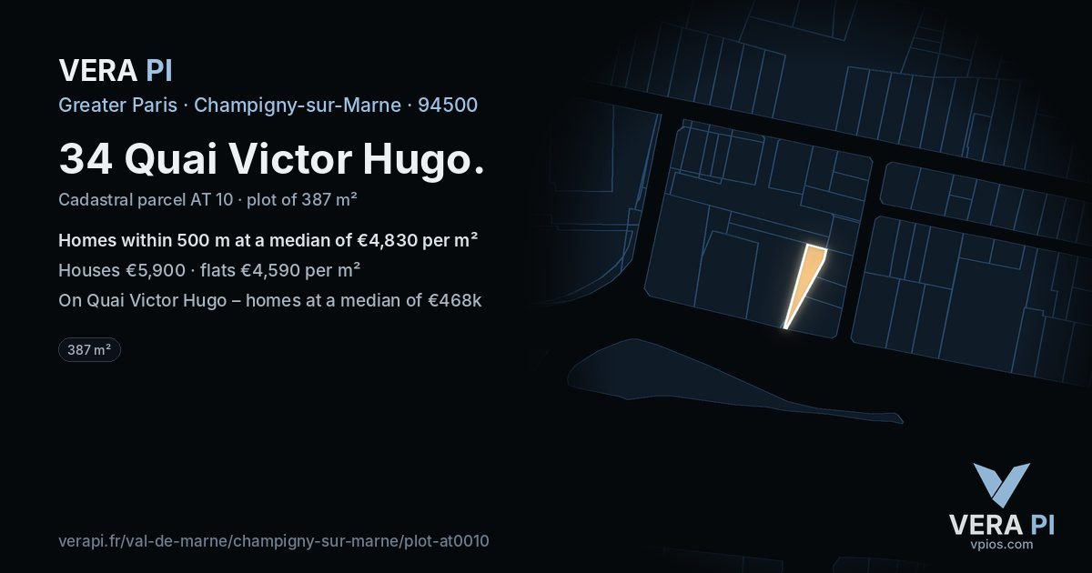 34 Quai Victor Hugo, Champigny-sur-Marne at night – the plot lit, the parcels around coloured by the prices near them