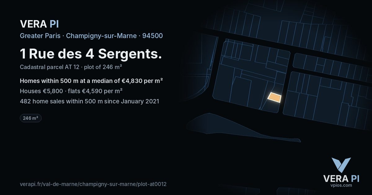 1 Rue des 4 Sergents, Champigny-sur-Marne at night – the plot lit, the parcels around coloured by the prices near them