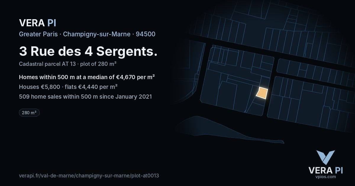 3 Rue des 4 Sergents, Champigny-sur-Marne at night – the plot lit, the parcels around coloured by the prices near them