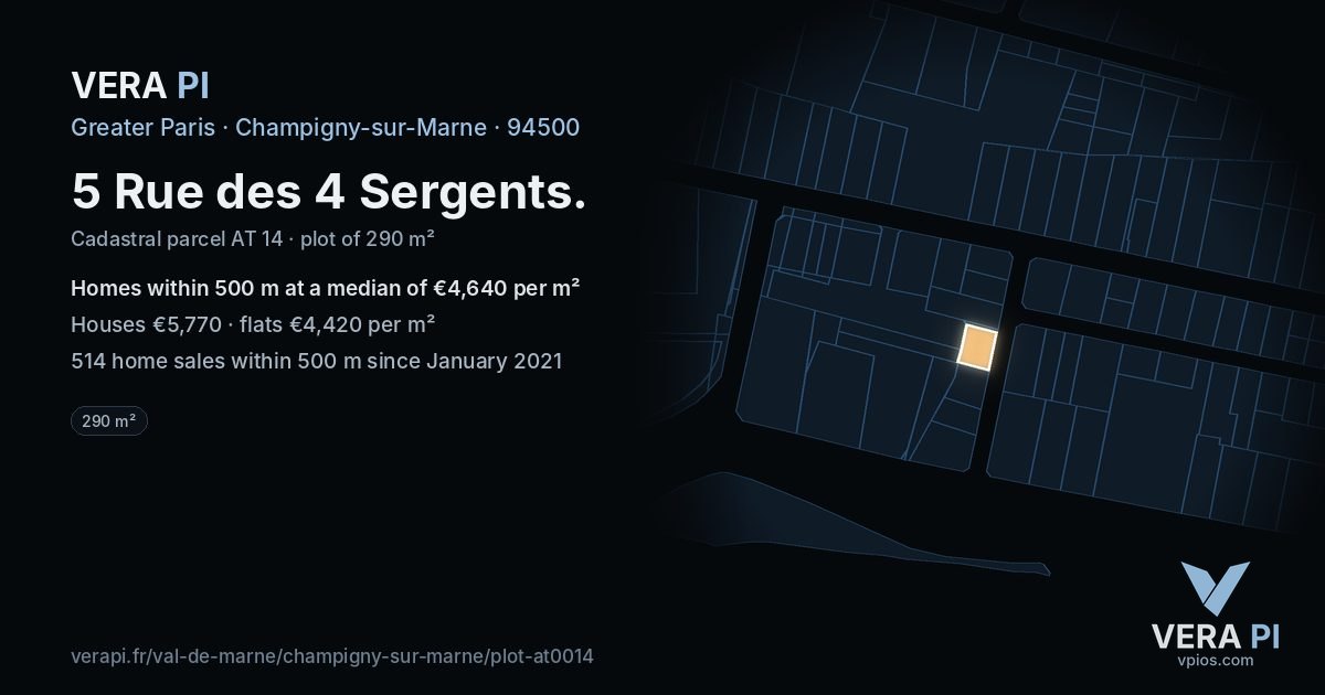 5 Rue des 4 Sergents, Champigny-sur-Marne at night – the plot lit, the parcels around coloured by the prices near them