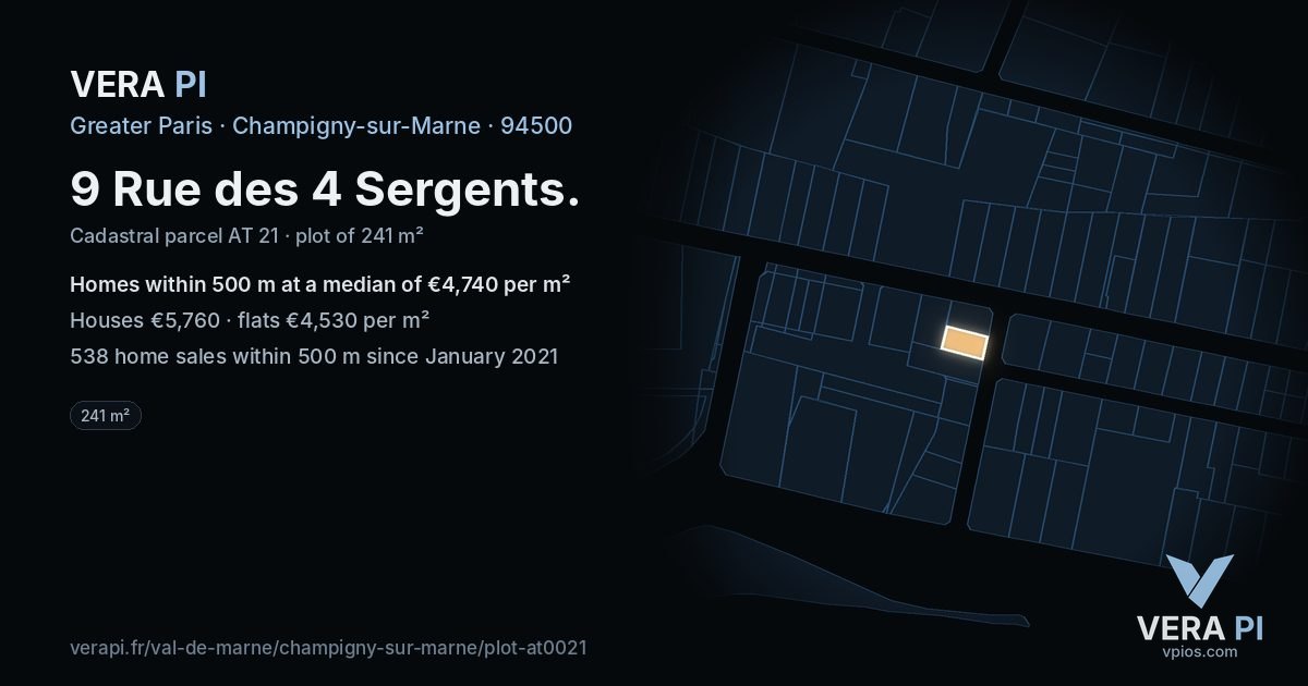 9 Rue des 4 Sergents, Champigny-sur-Marne at night – the plot lit, the parcels around coloured by the prices near them