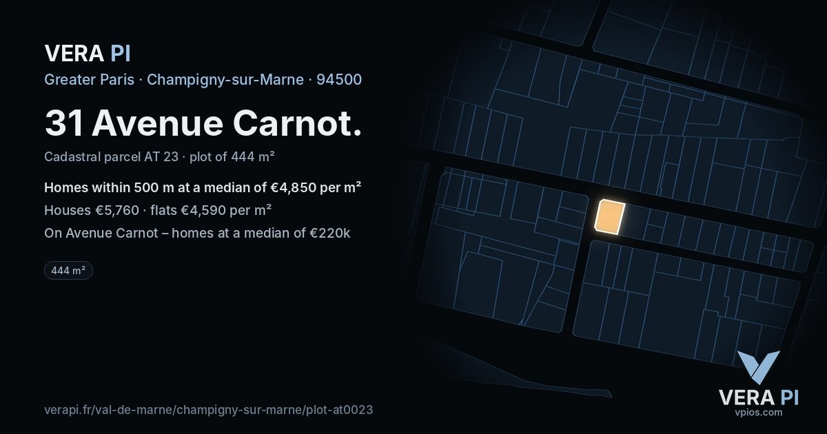 31 Avenue Carnot, Champigny-sur-Marne at night – the plot lit, the parcels around coloured by the prices near them