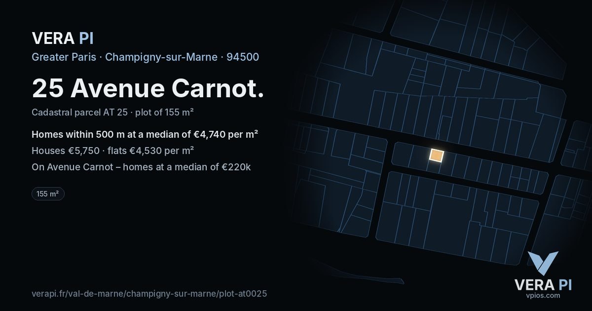 25 Avenue Carnot, Champigny-sur-Marne at night – the plot lit, the parcels around coloured by the prices near them