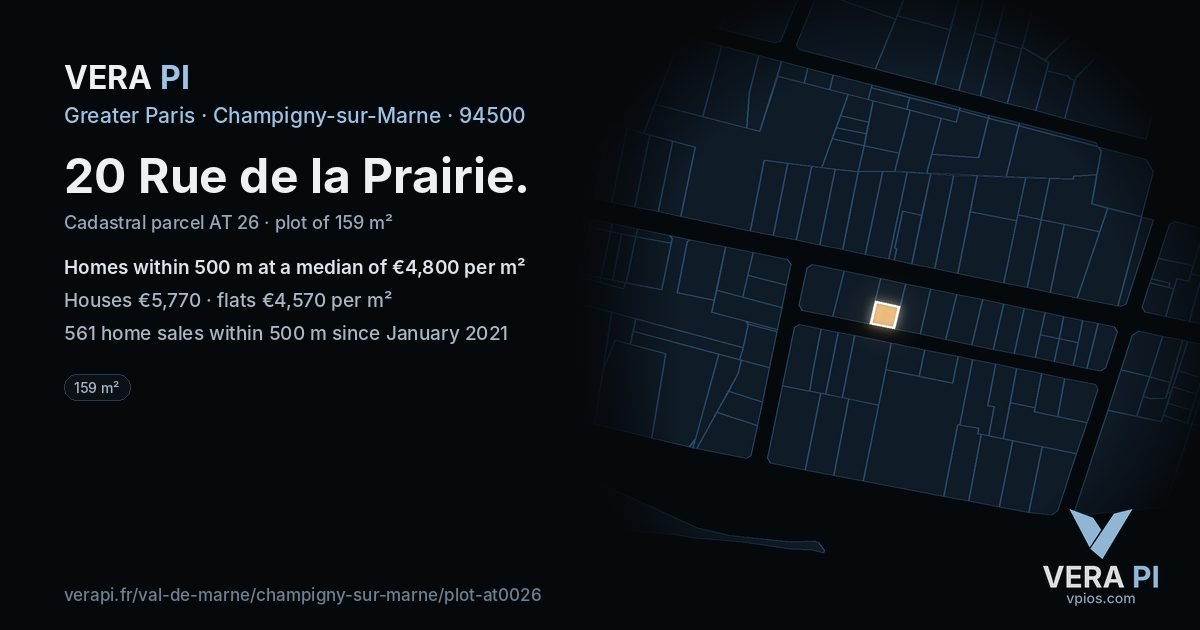 20 Rue de la Prairie, Champigny-sur-Marne at night – the plot lit, the parcels around coloured by the prices near them