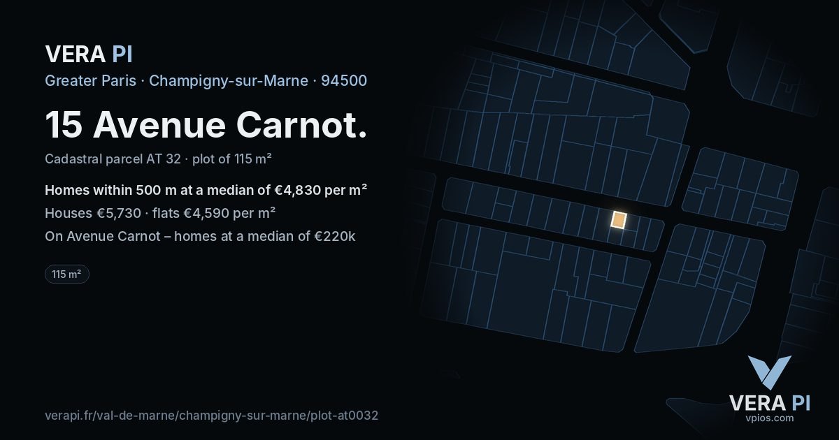 15 Avenue Carnot, Champigny-sur-Marne at night – the plot lit, the parcels around coloured by the prices near them