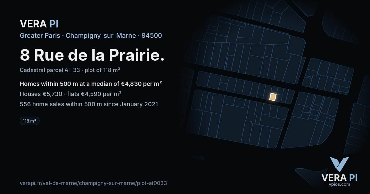 8 Rue de la Prairie, Champigny-sur-Marne at night – the plot lit, the parcels around coloured by the prices near them