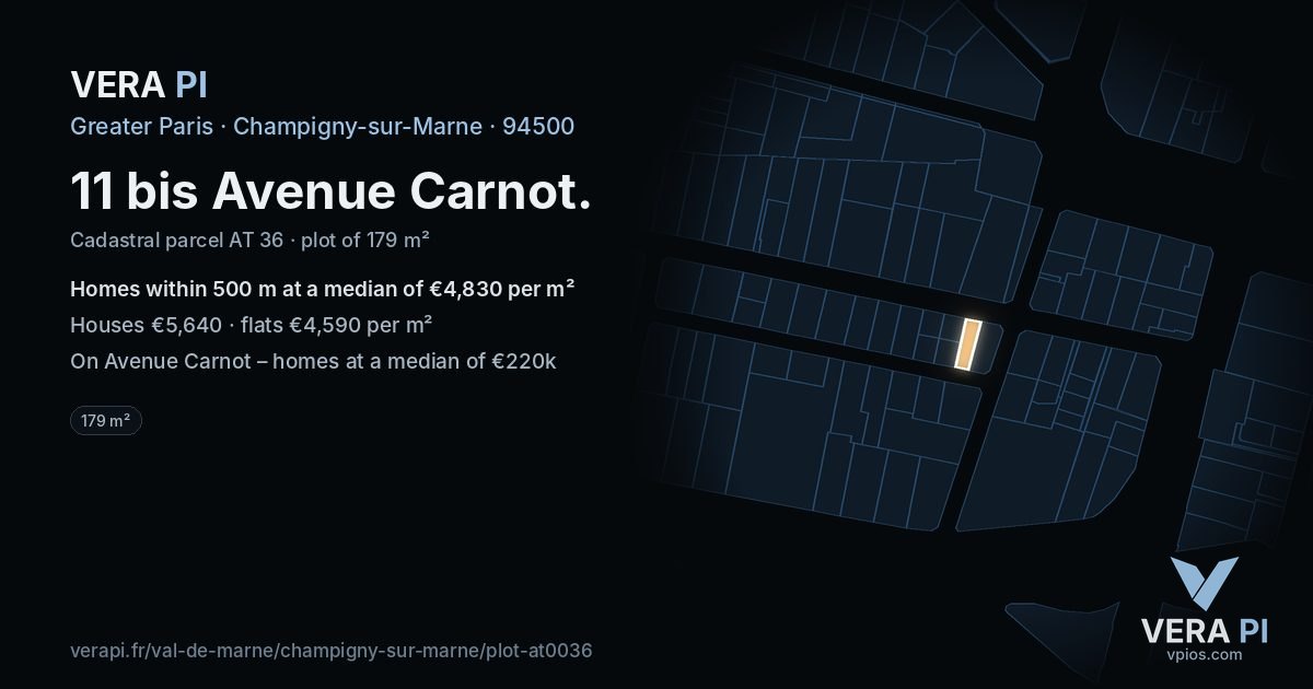 11 bis Avenue Carnot, Champigny-sur-Marne at night – the plot lit, the parcels around coloured by the prices near them