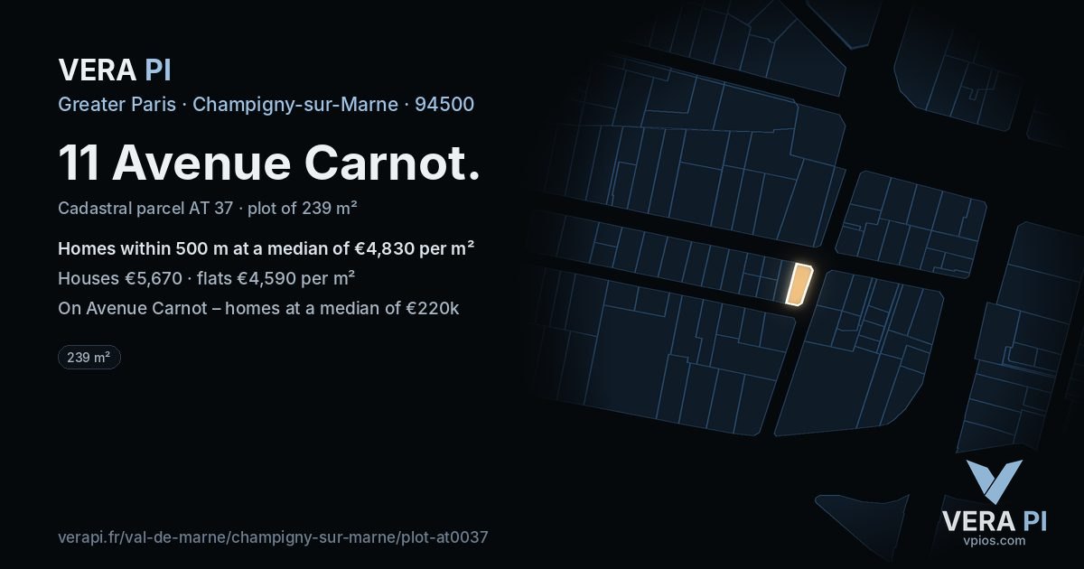 11 Avenue Carnot, Champigny-sur-Marne at night – the plot lit, the parcels around coloured by the prices near them