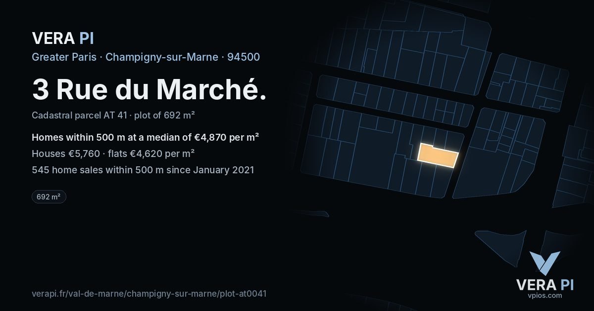 3 Rue du Marché, Champigny-sur-Marne at night – the plot lit, the parcels around coloured by the prices near them
