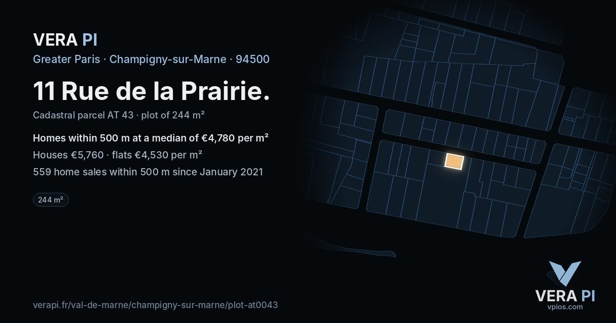 11 Rue de la Prairie, Champigny-sur-Marne at night – the plot lit, the parcels around coloured by the prices near them