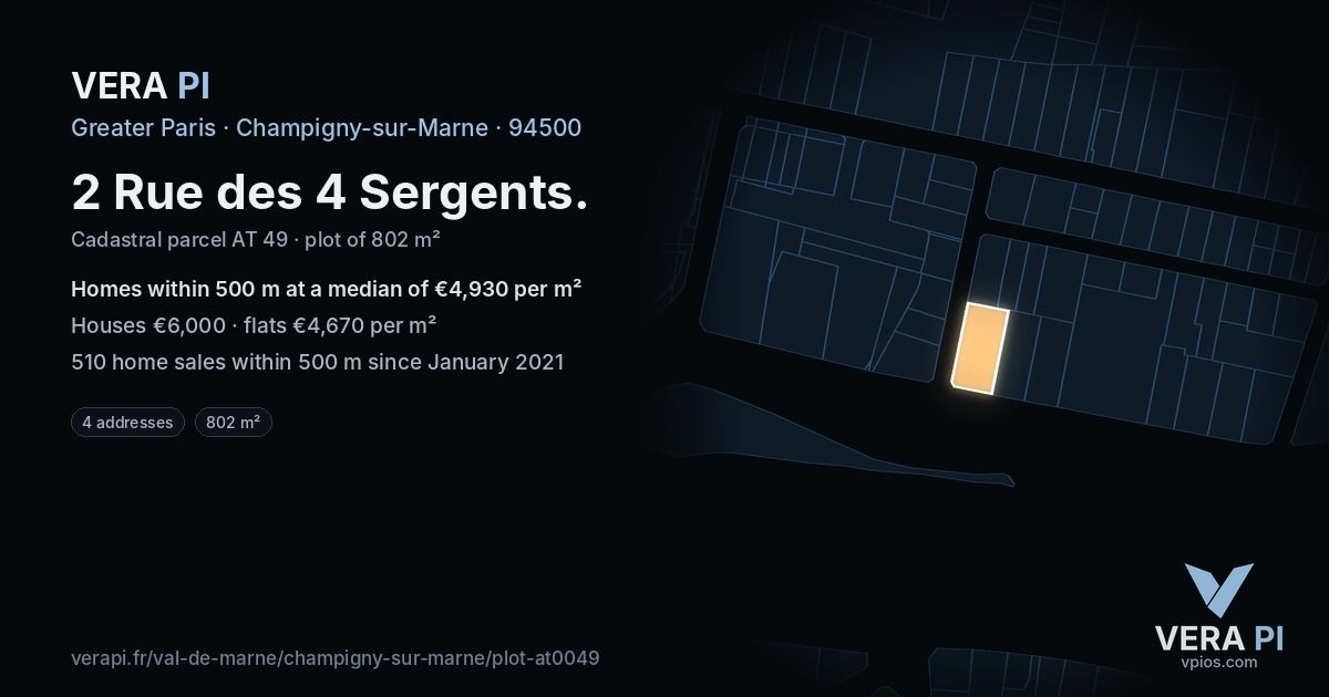 2 Rue des 4 Sergents, Champigny-sur-Marne at night – the plot lit, the parcels around coloured by the prices near them