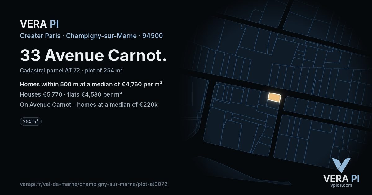 33 Avenue Carnot, Champigny-sur-Marne at night – the plot lit, the parcels around coloured by the prices near them