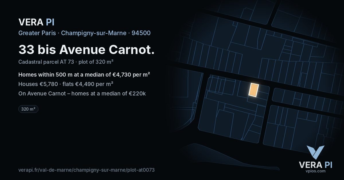 33 bis Avenue Carnot, Champigny-sur-Marne at night – the plot lit, the parcels around coloured by the prices near them