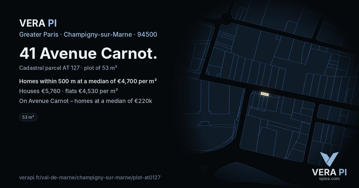 41 Avenue Carnot, Champigny-sur-Marne at night – the plot lit, the parcels around coloured by the prices near them