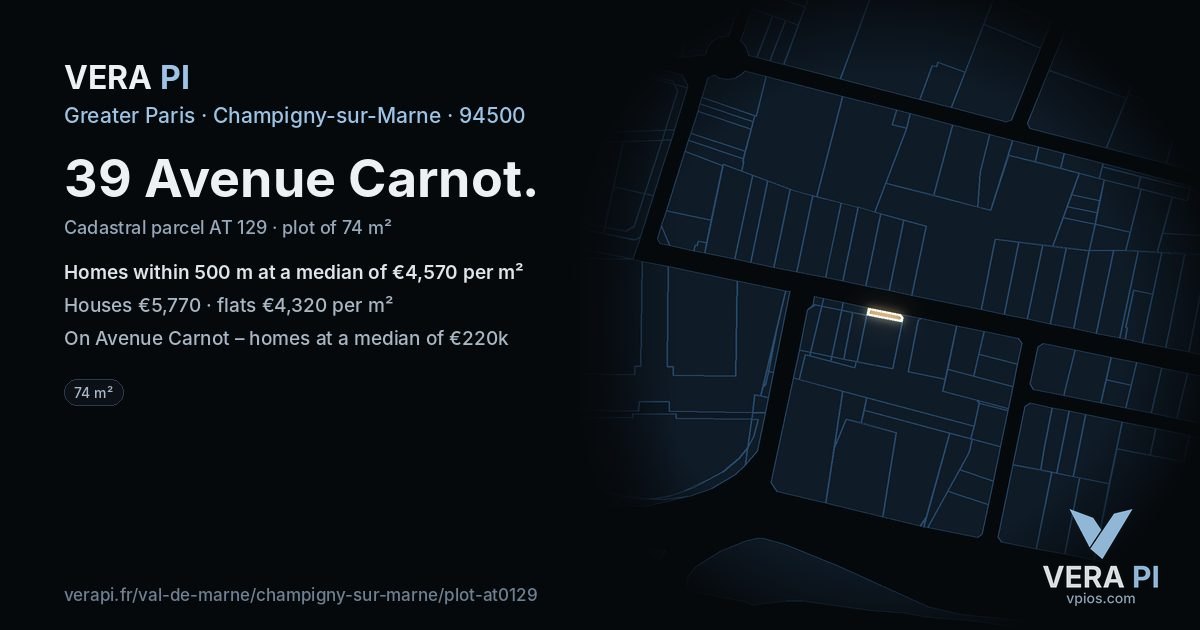 39 Avenue Carnot, Champigny-sur-Marne at night – the plot lit, the parcels around coloured by the prices near them
