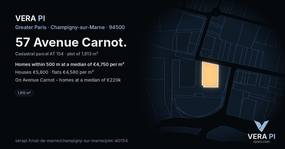 57 Avenue Carnot, Champigny-sur-Marne at night – the plot lit, the parcels around coloured by the prices near them