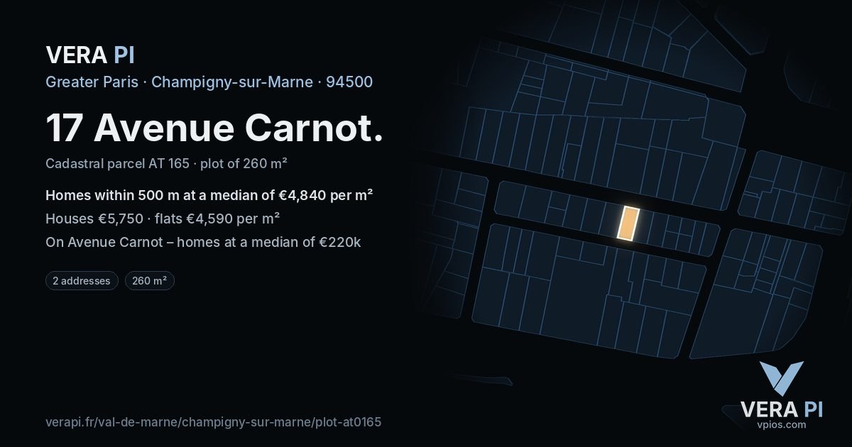 17 Avenue Carnot, Champigny-sur-Marne at night – the plot lit, the parcels around coloured by the prices near them