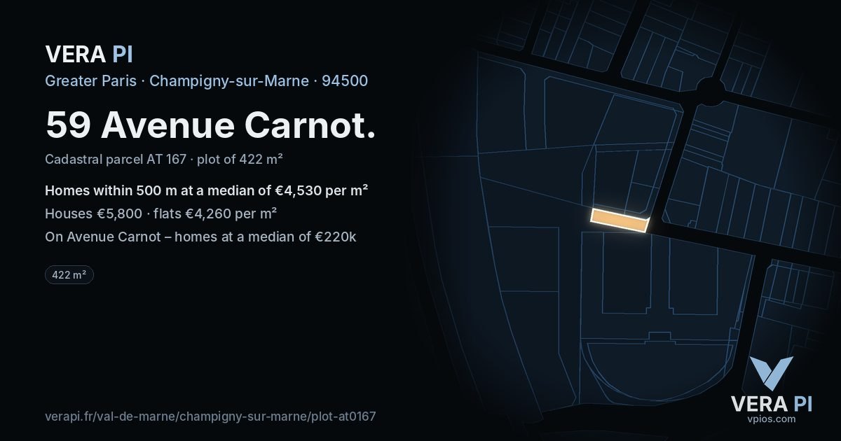 59 Avenue Carnot, Champigny-sur-Marne at night – the plot lit, the parcels around coloured by the prices near them