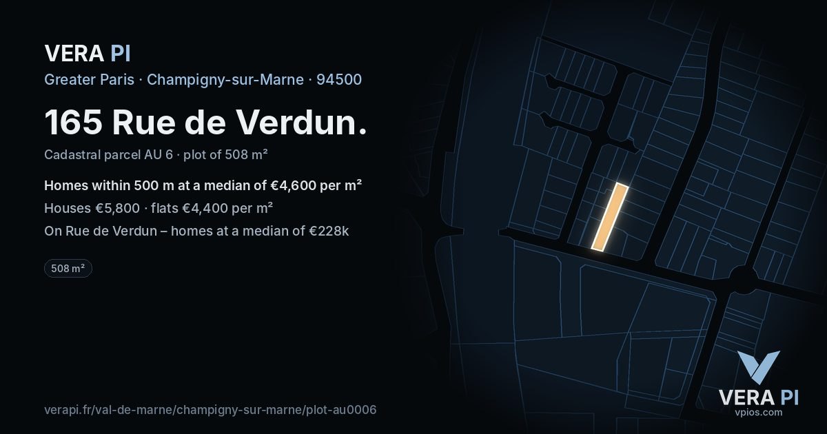 165 Rue de Verdun, Champigny-sur-Marne at night – the plot lit, the parcels around coloured by the prices near them