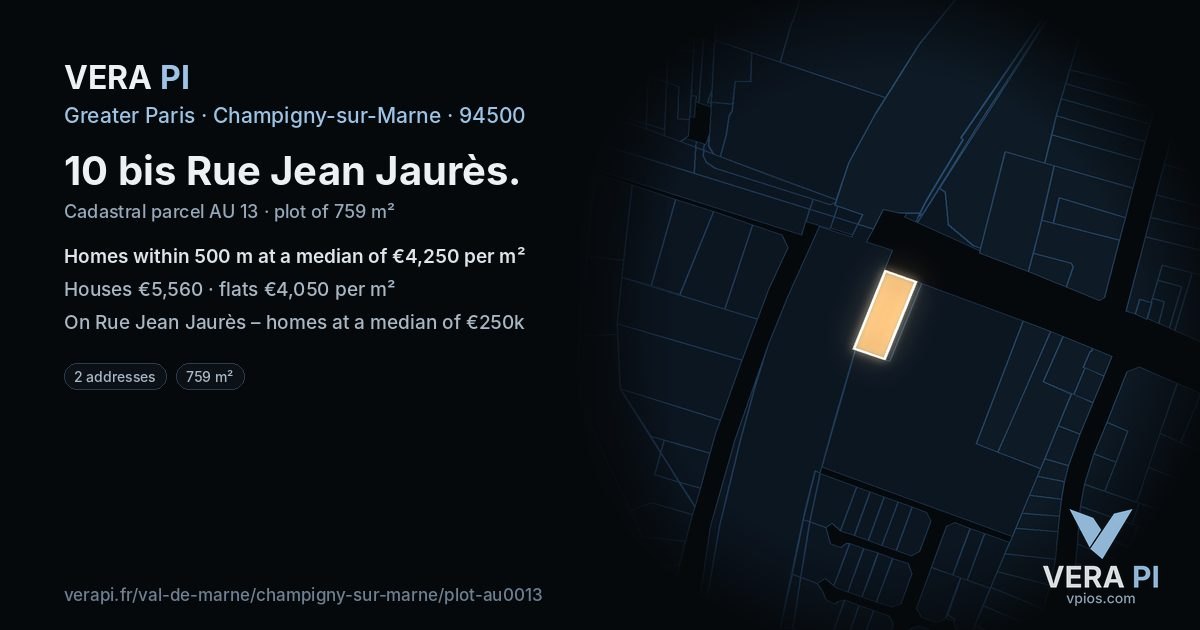 10 bis Rue Jean Jaurès, Champigny-sur-Marne at night – the plot lit, the parcels around coloured by the prices near them