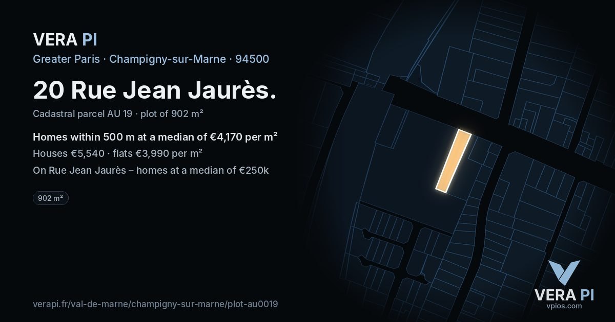 20 Rue Jean Jaurès, Champigny-sur-Marne at night – the plot lit, the parcels around coloured by the prices near them