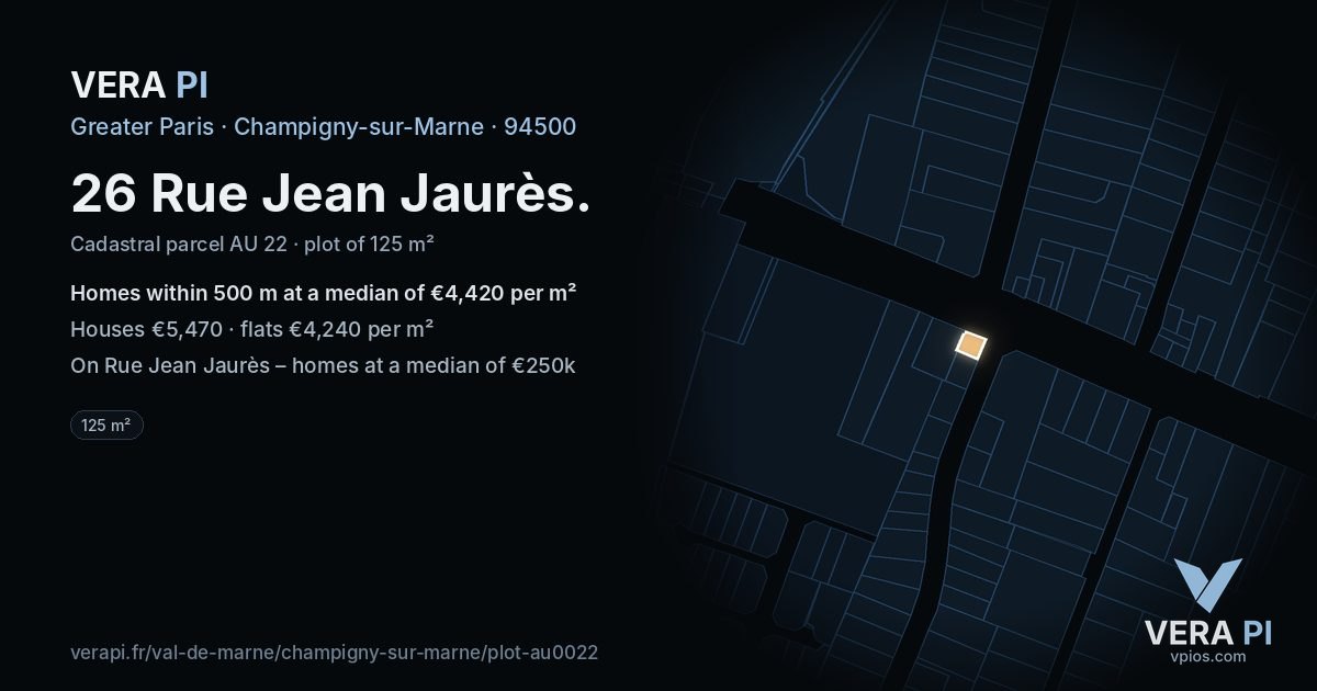 26 Rue Jean Jaurès, Champigny-sur-Marne at night – the plot lit, the parcels around coloured by the prices near them