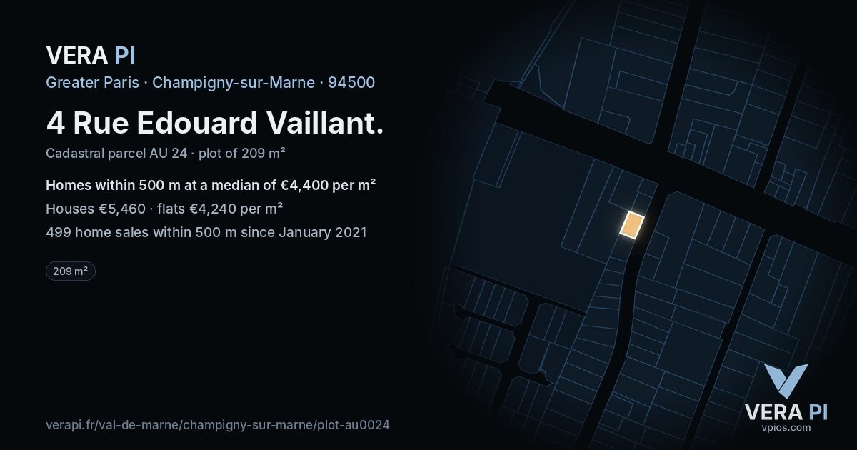4 Rue Edouard Vaillant, Champigny-sur-Marne at night – the plot lit, the parcels around coloured by the prices near them