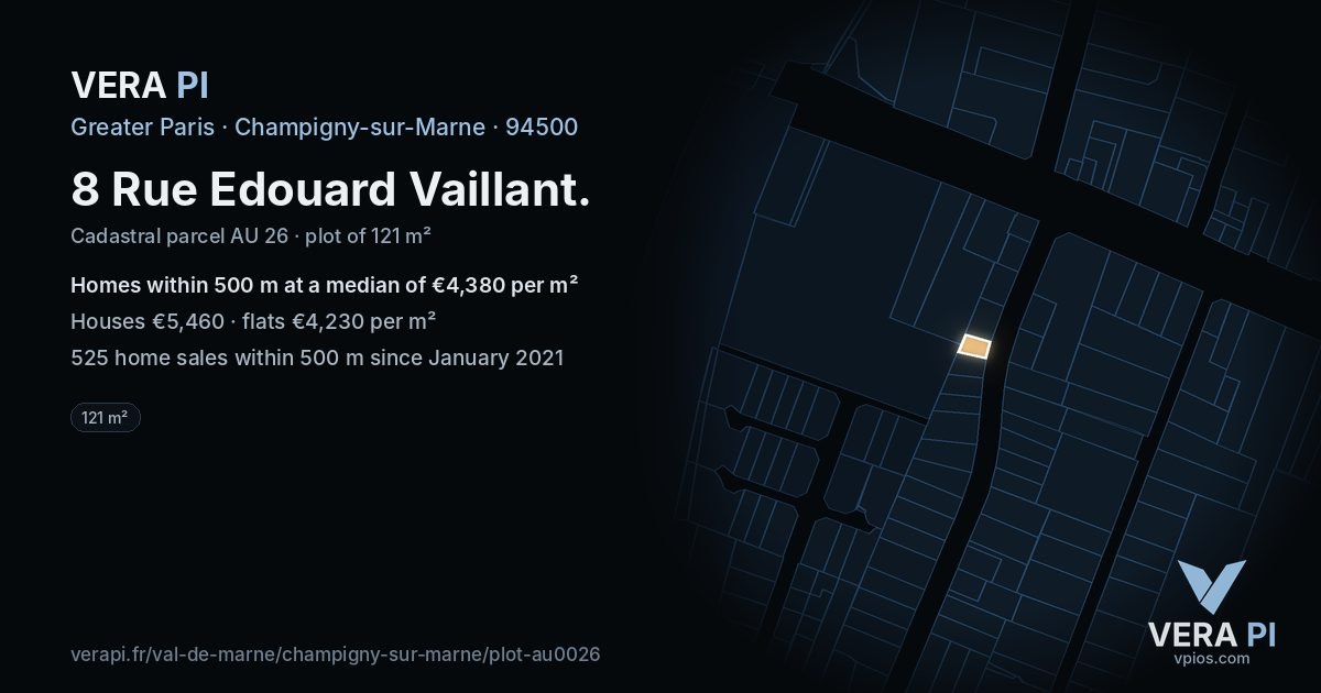 8 Rue Edouard Vaillant, Champigny-sur-Marne at night – the plot lit, the parcels around coloured by the prices near them