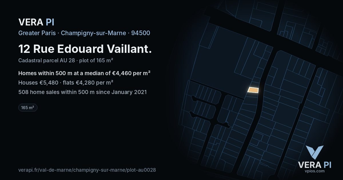 12 Rue Edouard Vaillant, Champigny-sur-Marne at night – the plot lit, the parcels around coloured by the prices near them