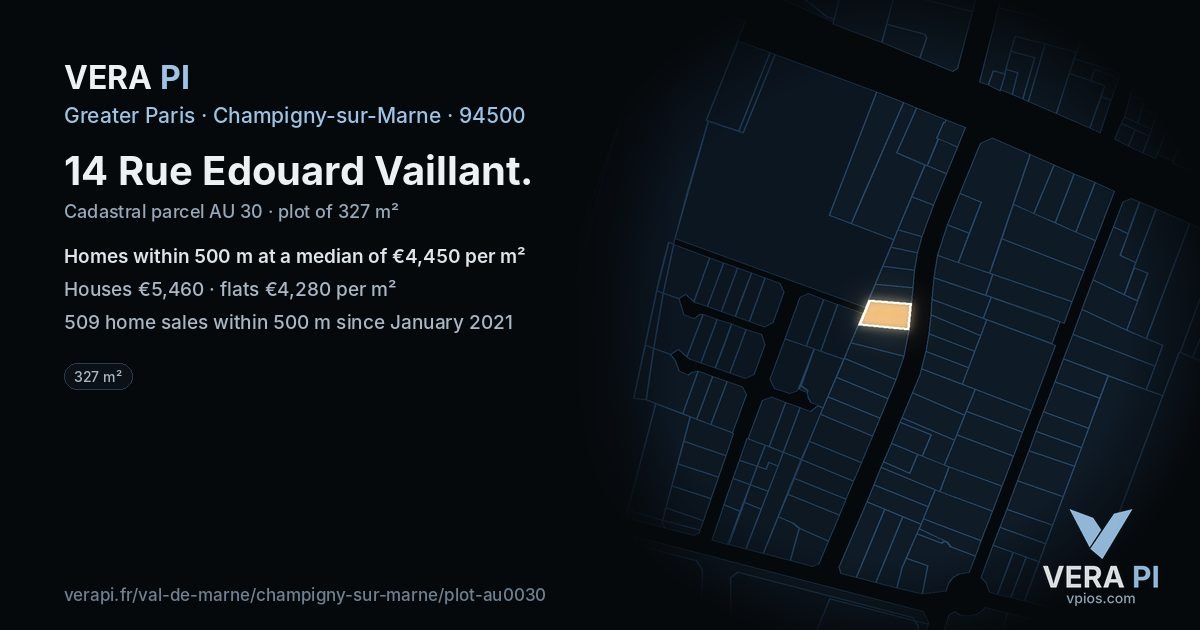 14 Rue Edouard Vaillant, Champigny-sur-Marne at night – the plot lit, the parcels around coloured by the prices near them