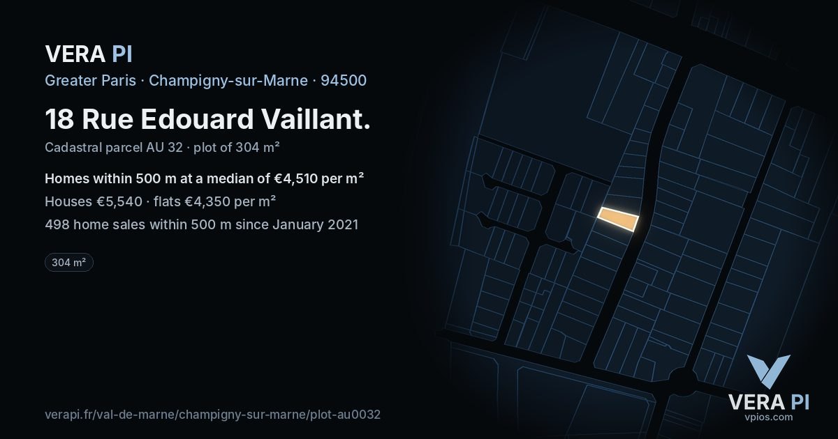 18 Rue Edouard Vaillant, Champigny-sur-Marne at night – the plot lit, the parcels around coloured by the prices near them