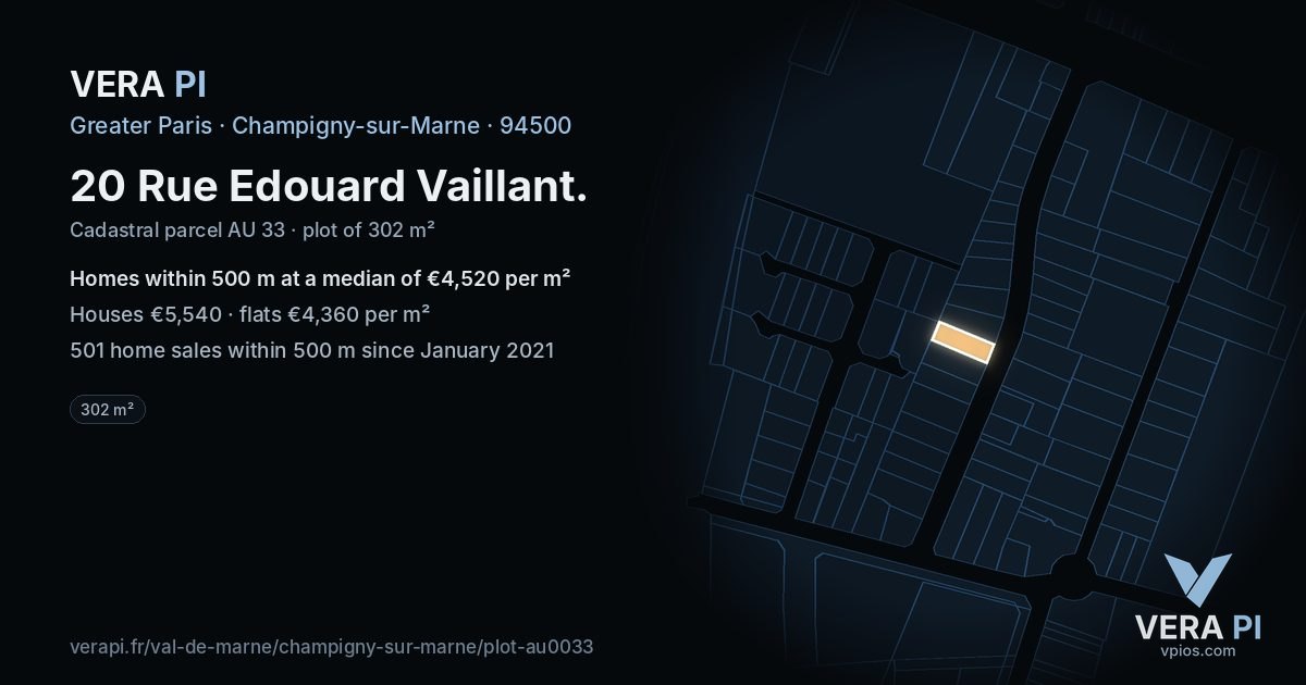 20 Rue Edouard Vaillant, Champigny-sur-Marne at night – the plot lit, the parcels around coloured by the prices near them