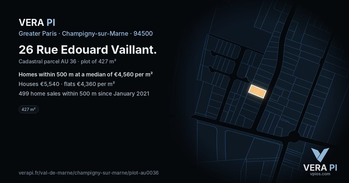 26 Rue Edouard Vaillant, Champigny-sur-Marne at night – the plot lit, the parcels around coloured by the prices near them