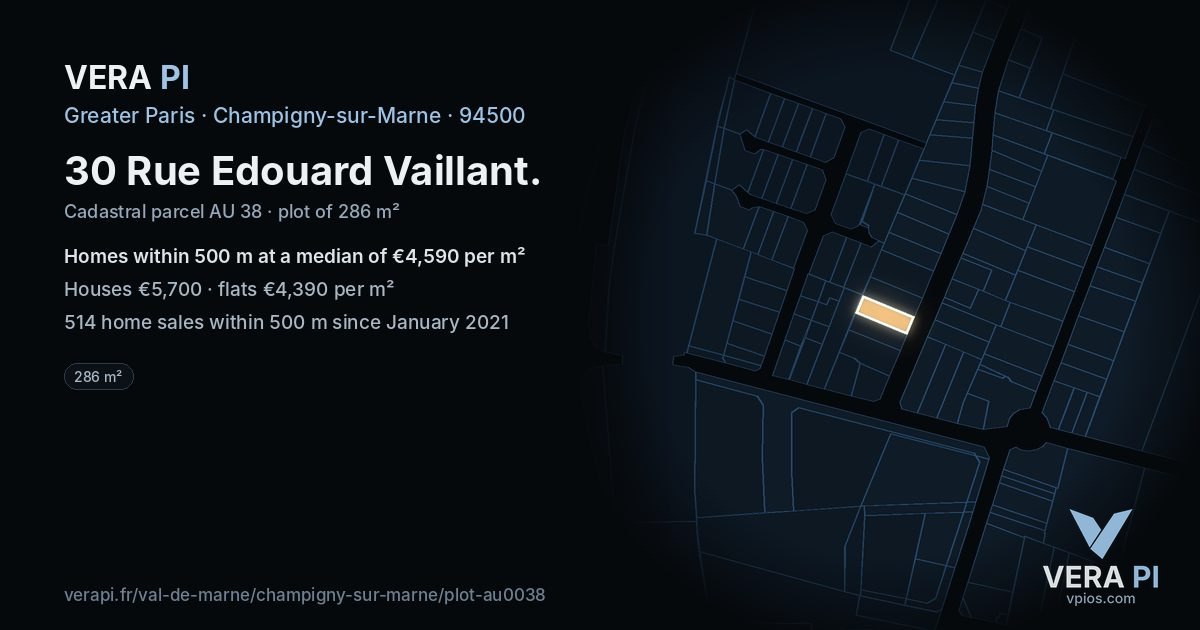 30 Rue Edouard Vaillant, Champigny-sur-Marne at night – the plot lit, the parcels around coloured by the prices near them
