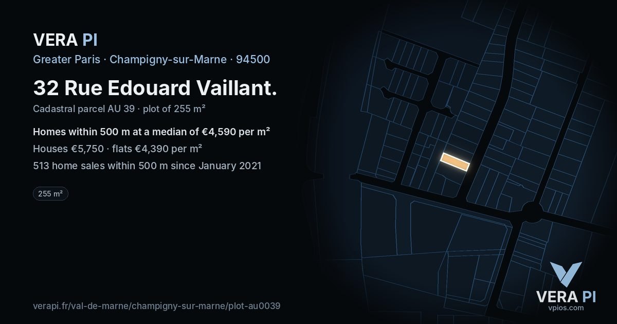 32 Rue Edouard Vaillant, Champigny-sur-Marne at night – the plot lit, the parcels around coloured by the prices near them