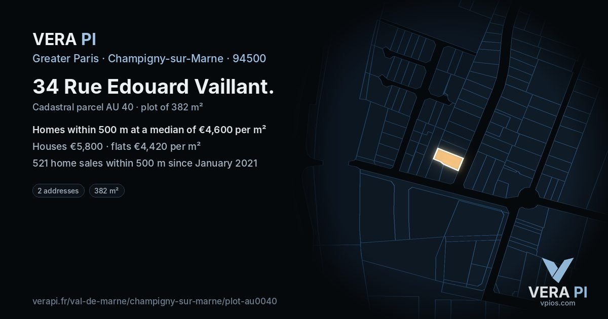 34 Rue Edouard Vaillant, Champigny-sur-Marne at night – the plot lit, the parcels around coloured by the prices near them