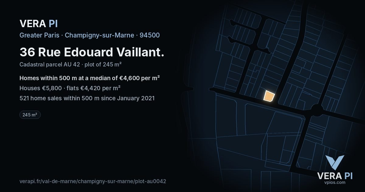 36 Rue Edouard Vaillant, Champigny-sur-Marne at night – the plot lit, the parcels around coloured by the prices near them