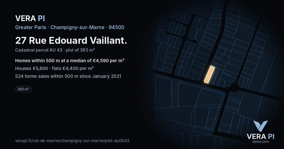 27 Rue Edouard Vaillant, Champigny-sur-Marne at night – the plot lit, the parcels around coloured by the prices near them