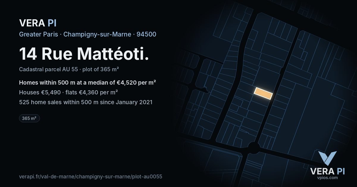 14 Rue Mattéoti, Champigny-sur-Marne at night – the plot lit, the parcels around coloured by the prices near them