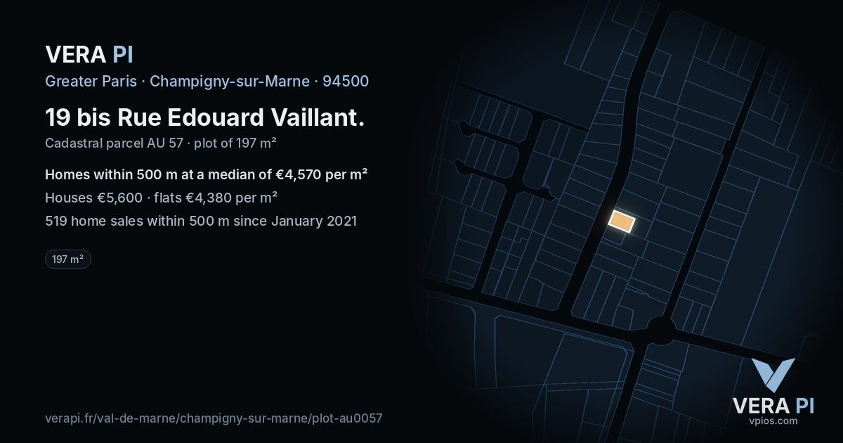 19 bis Rue Edouard Vaillant, Champigny-sur-Marne at night – the plot lit, the parcels around coloured by the prices near them