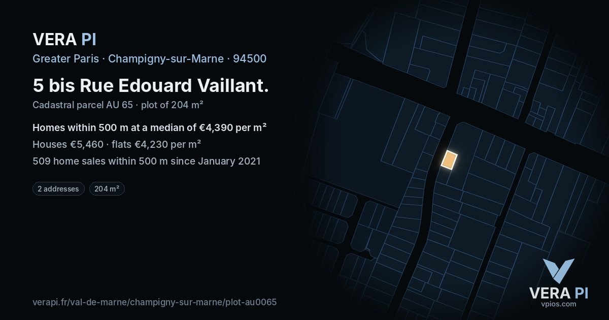 5 bis Rue Edouard Vaillant, Champigny-sur-Marne at night – the plot lit, the parcels around coloured by the prices near them